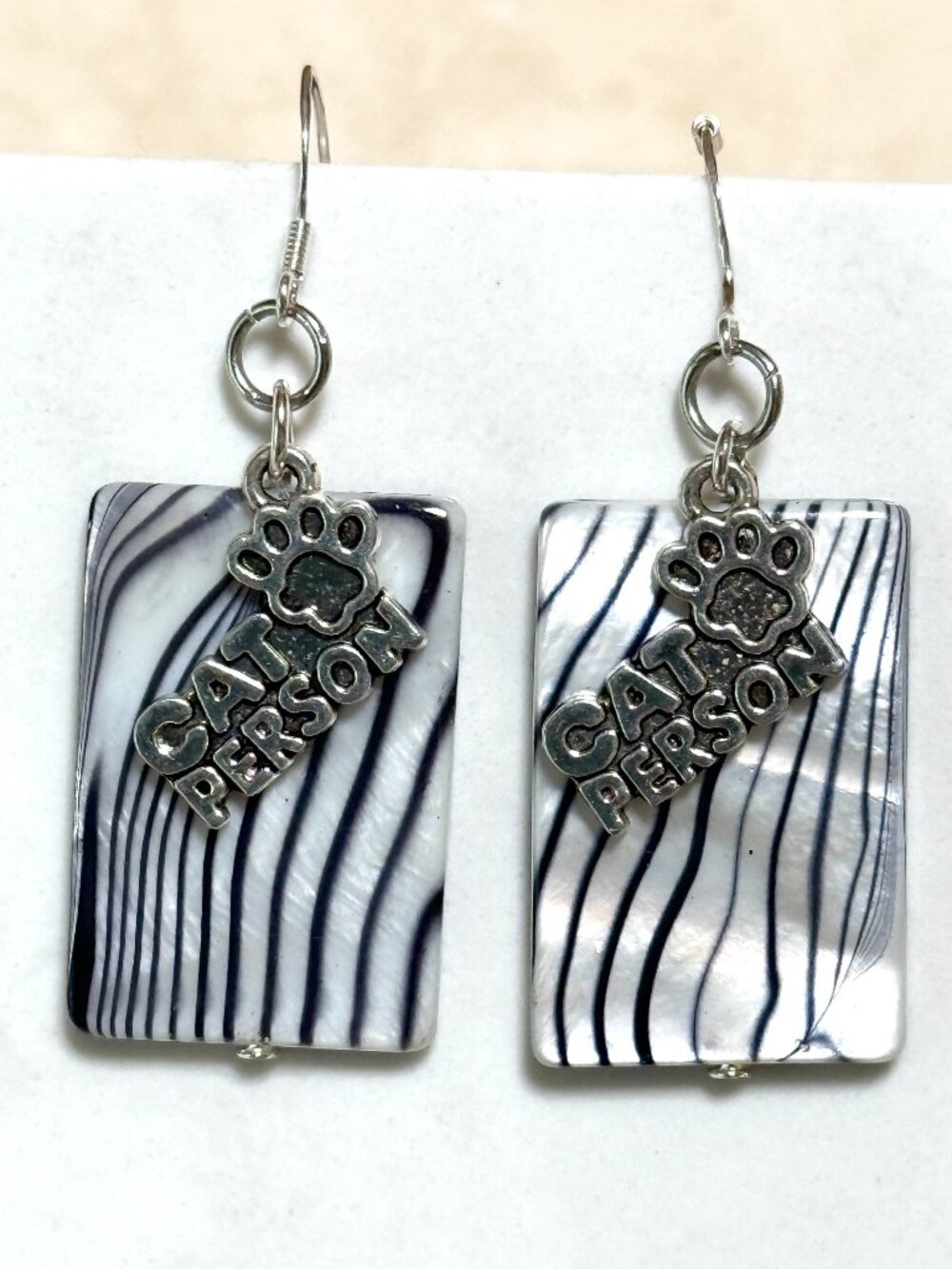 2/$20, Black & White Mother of Pearl Cat Person Dangle Earrings w/ 925 Hooks